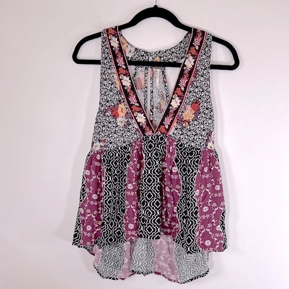 Free People Dream Darlin’ Black Purple Women’s Size M 100% Rayon Boho Tank Top - Picture 3 of 16